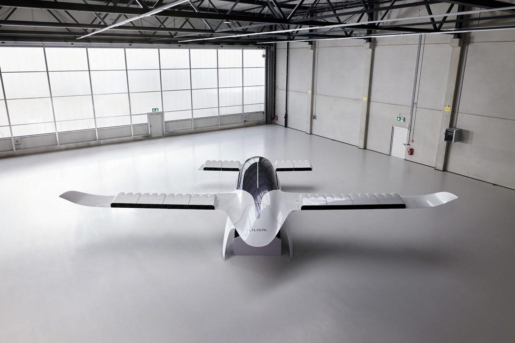 Pictured is a full-scale model of the seven-seater Lilium Jet at the company's headquarters in Munich.
