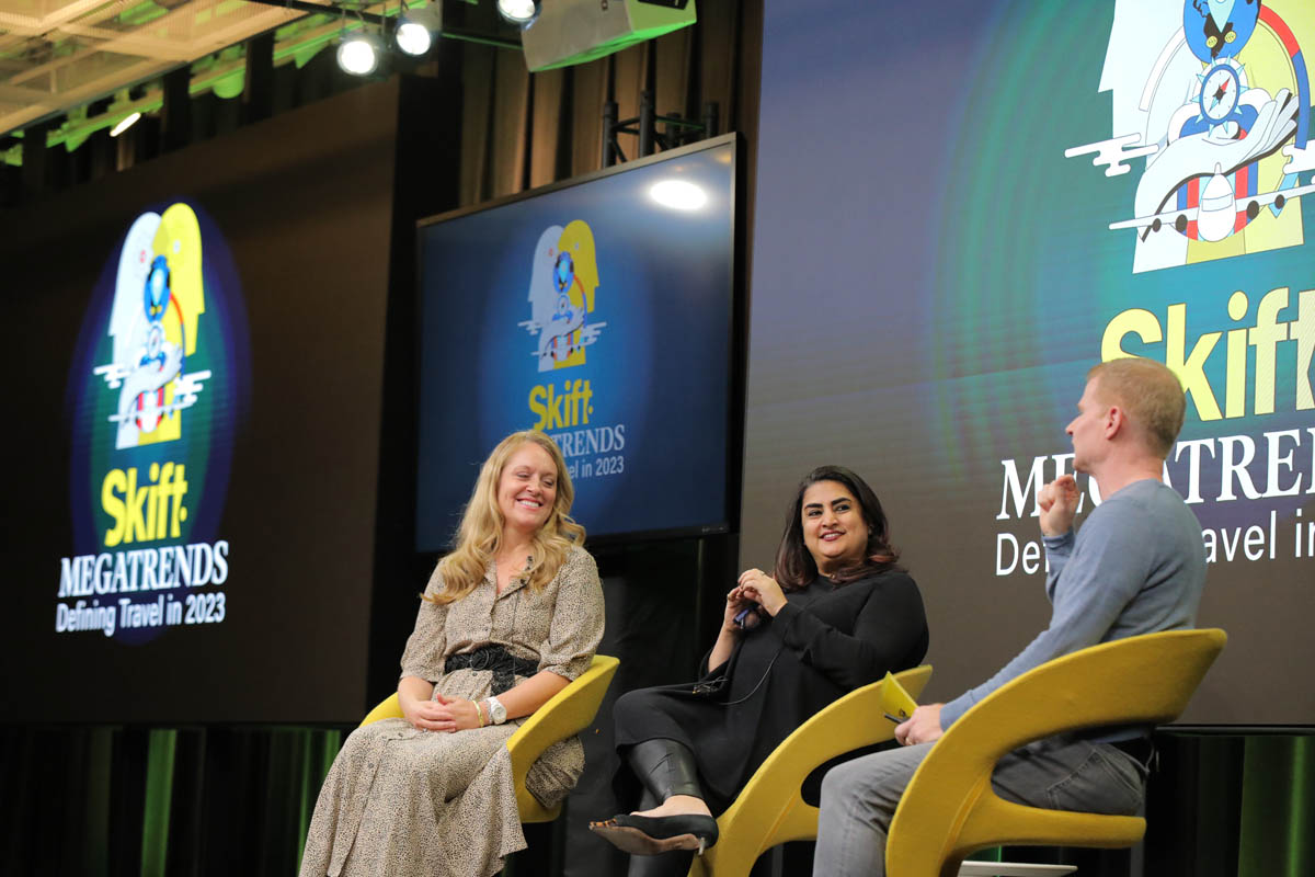 Marriott International VP of Design Aliya Khan and Curator Hotel & Resort Collection President Jennifer Barnwell on stage with Skift’s Sean O’Neill at Megatrends 2023. 