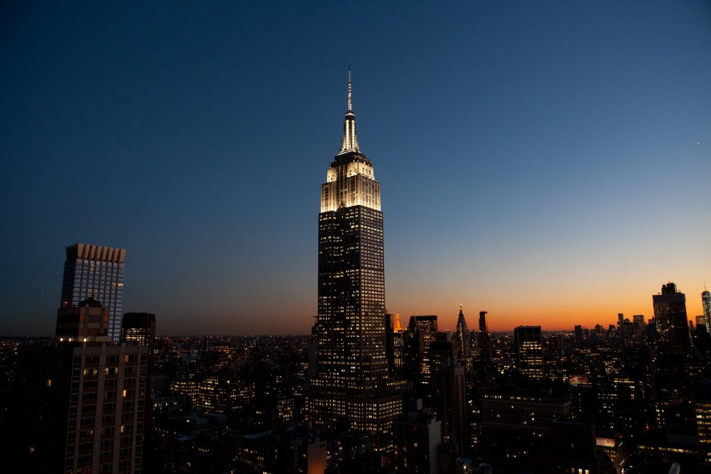 New York City at sunset, with view of the Empire State Building.