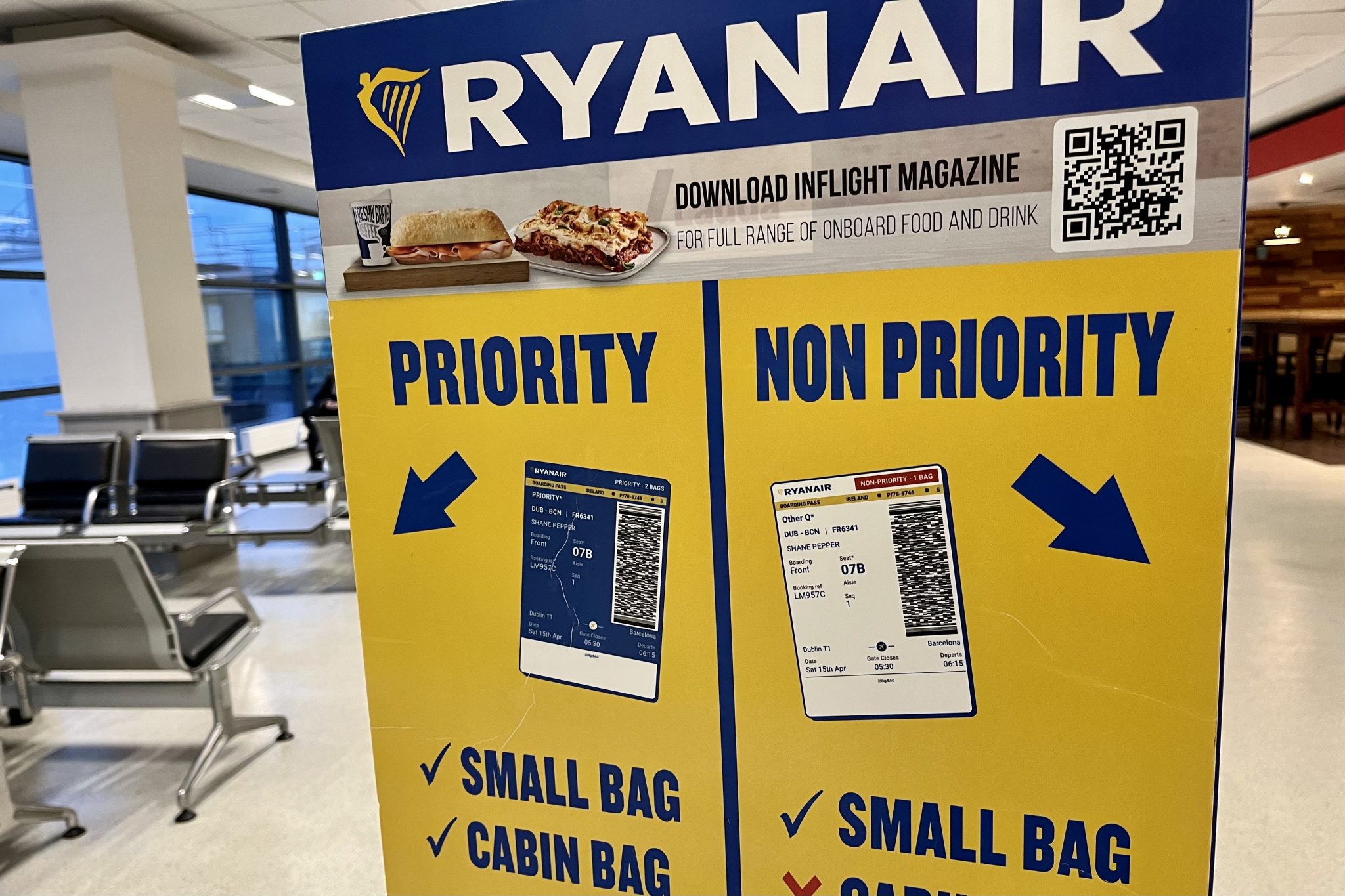 A Ryanair flight boarding sign at Dublin’s airport. 