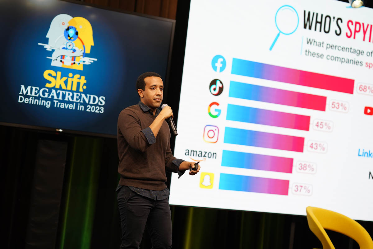 Skift's Dawit Habtermanian speaking at the Skift Megatrends event on January 10, 2023 in New York City. 