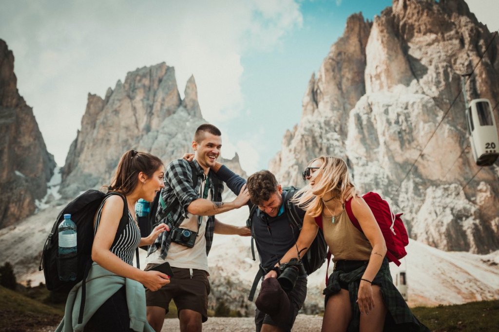 Friends having fun together while hiking.