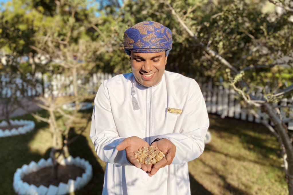 Culture and Heritage Ambassador Khalid Al Amri teaches all aspects of frankincense at Shangri-La Al Husn in Muscat Oman.