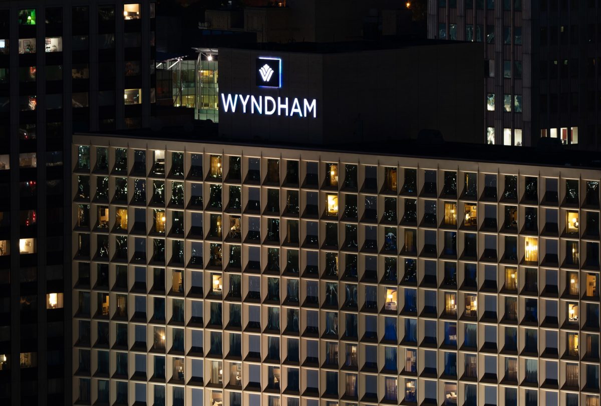 A Wyndham hotel in downtown Pittsburgh, Pennsylvania, at night.