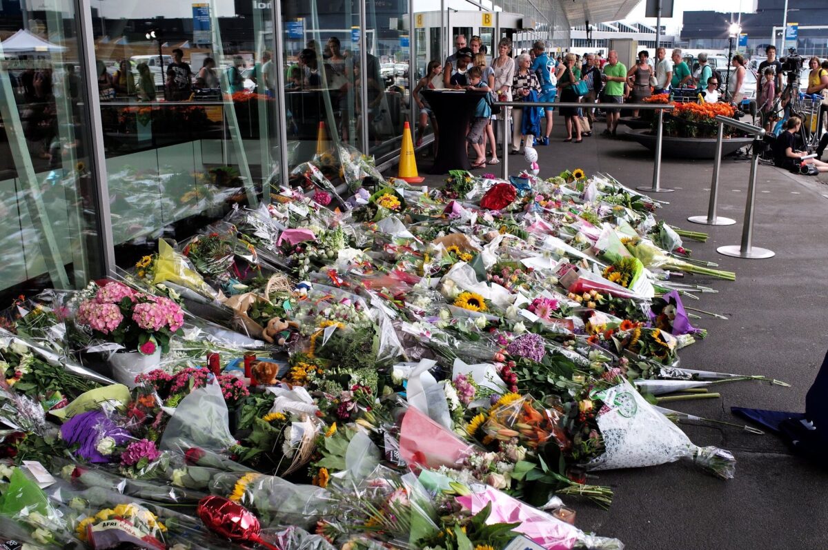 Makeshift memorial at Amsterdam Schiphol Airport for the victims of the Malaysian Airlines flight MH17 which crashed in the Ukraine on 18 July 2014 killing all 298 people on board.
