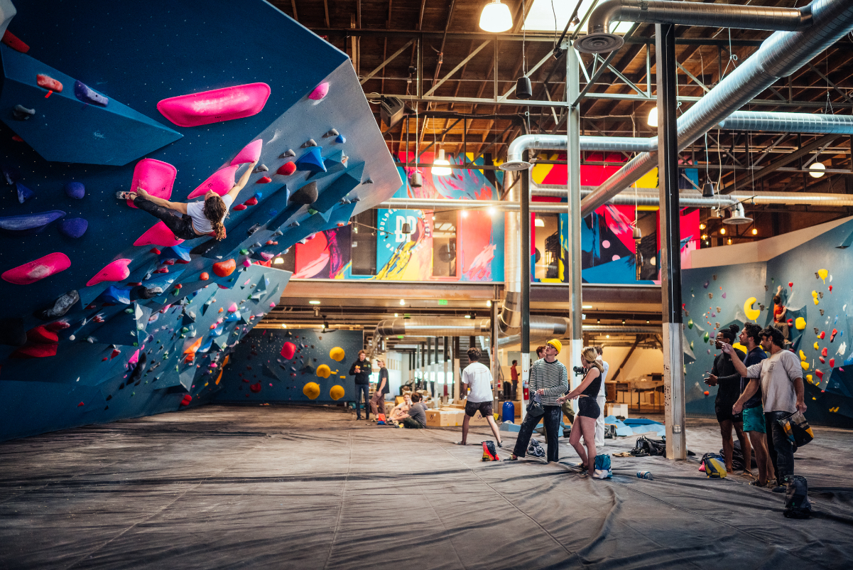 A climbing wall in a 100,000-square-foot former warehouse space that’s now home to Salt Lake City’s Evo Hotel. 
