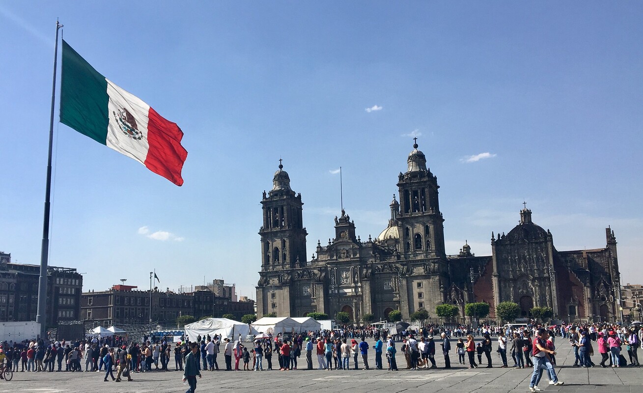 Zocalo Square, one of Mexico's most prominent locations. President Andres Manuel Lopez Obrador has asserted that Mexico is safe for visitors despite growing concerns about crime.