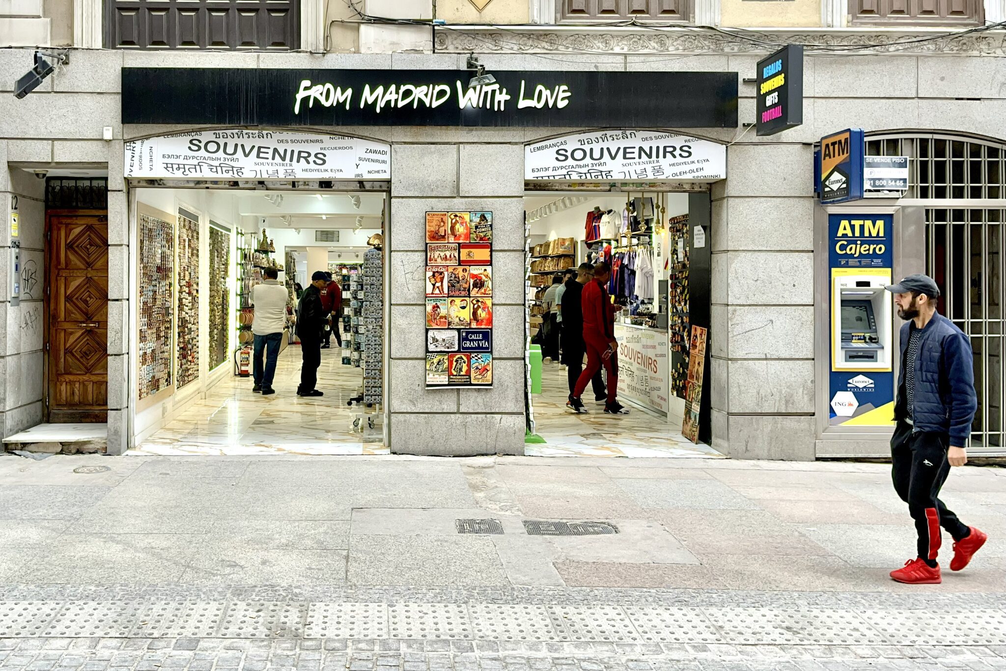Exterior of a souvenir shop in a pedestrian zone in Madrid, Spain. 