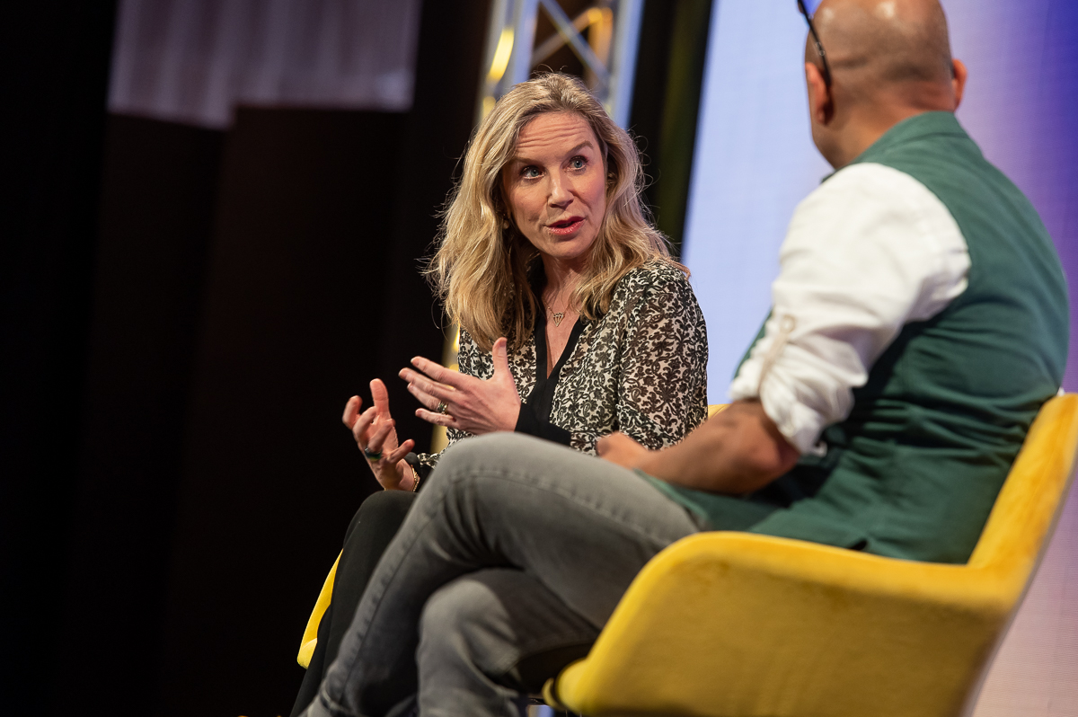 Airbnb Head of Hosting Catherine Powell (left) chatted with Skift founder Rafat Ali about the future of hosting at the Future of Lodging Forum in London on March 29, 2023.