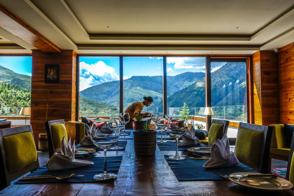 With no more than 15 luxurious rooms, the hotel is the perfect place to wind down in the lap of nature and enjoy pristine views of the Khasadrapchu Valley in Bhutan. Source: The Postcard Hotel. 