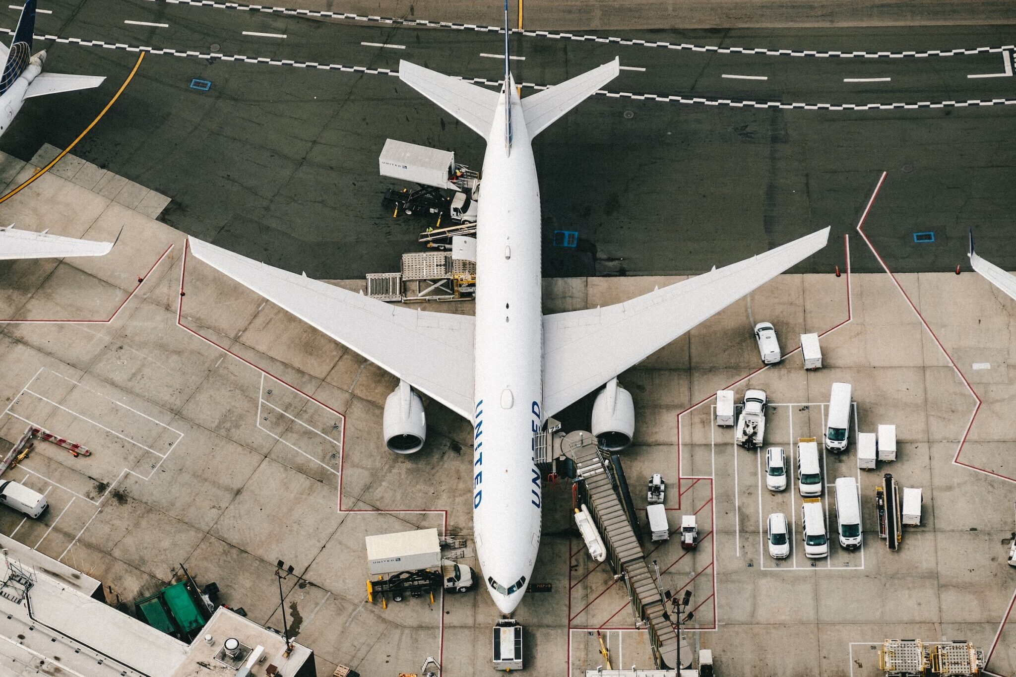 Aerial view of a plane at Newark International Airport in New Jersey. 