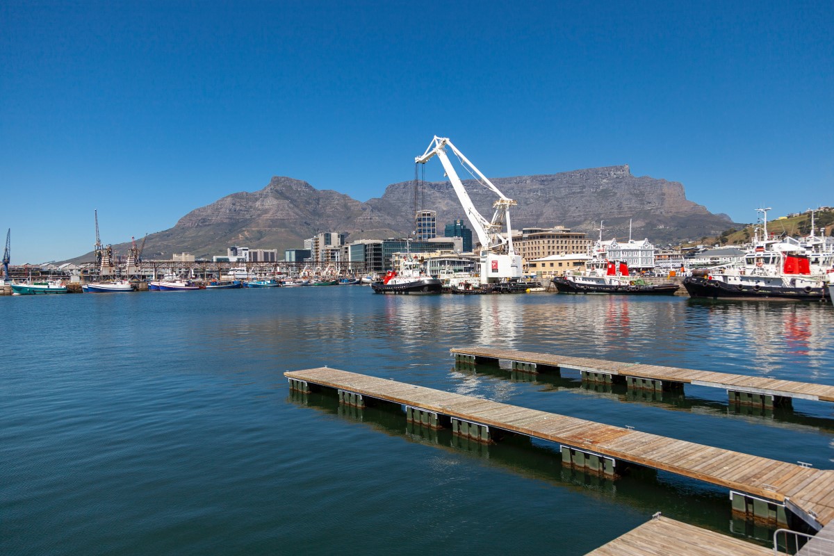 View of Table Mountain from the V&A Waterfront in Cape Town. 