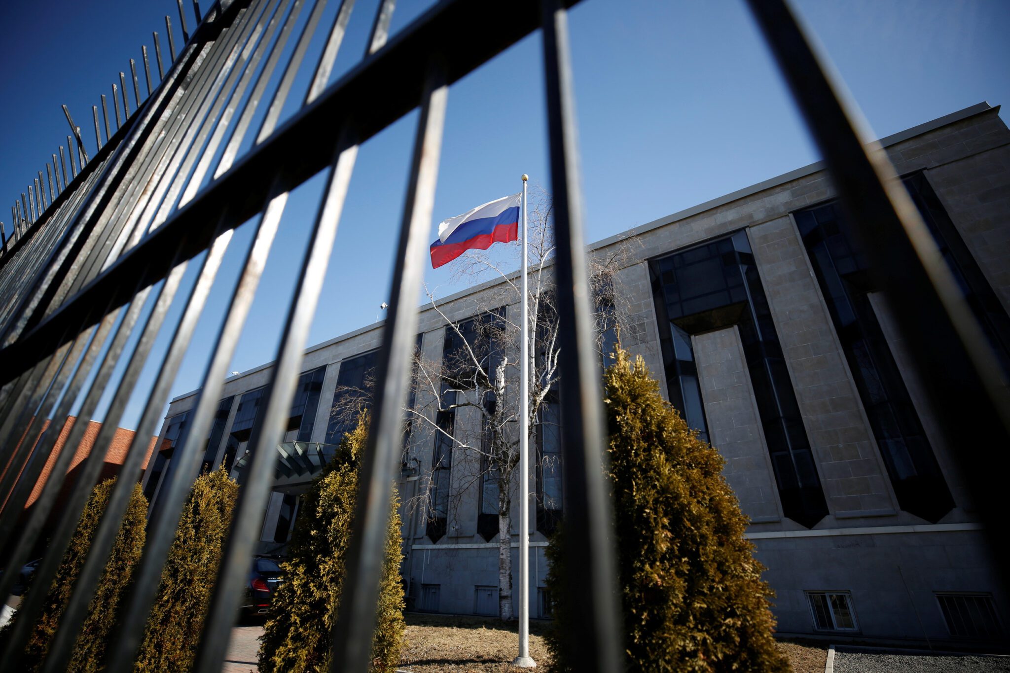 The Russian flag outside of the country's embassy in Ottawa. Source: Reuters