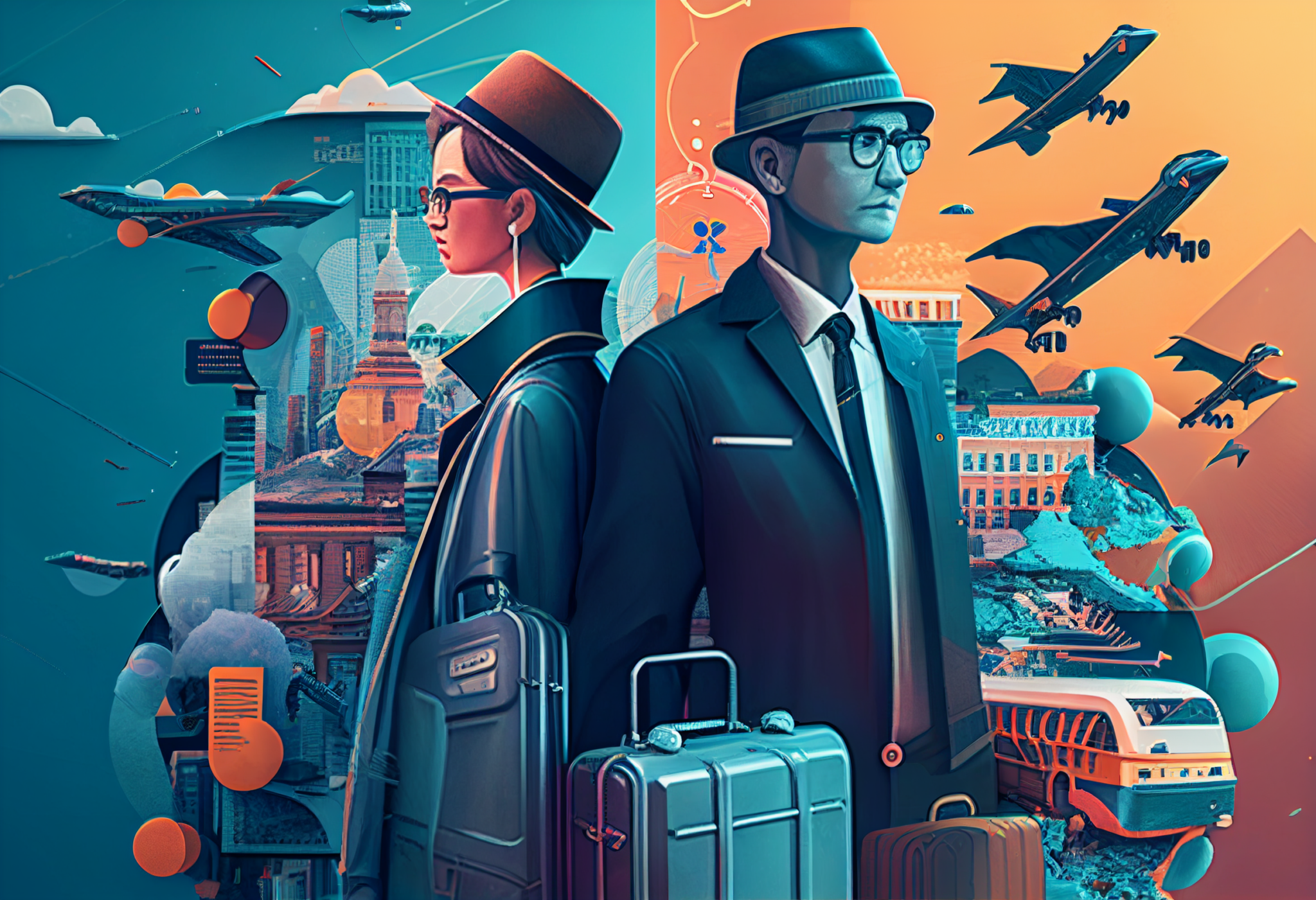 A composite illustration that gathers together the broader concepts of travel and contrasts them with changing technology including artificial intelligence. Source: Midjourney/Skift