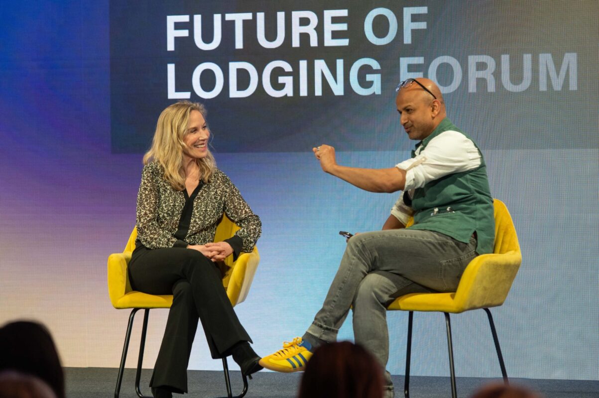 Airbnb Global Head of Hosting Catherine Powell with Skift CEO Rafat Ali at the Future of Lodging Event in London. Photo credit: Russell Harper