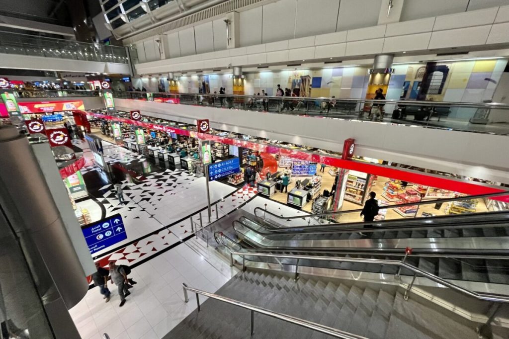 Duty free airport shopping after midnight in Dubai, UAE.