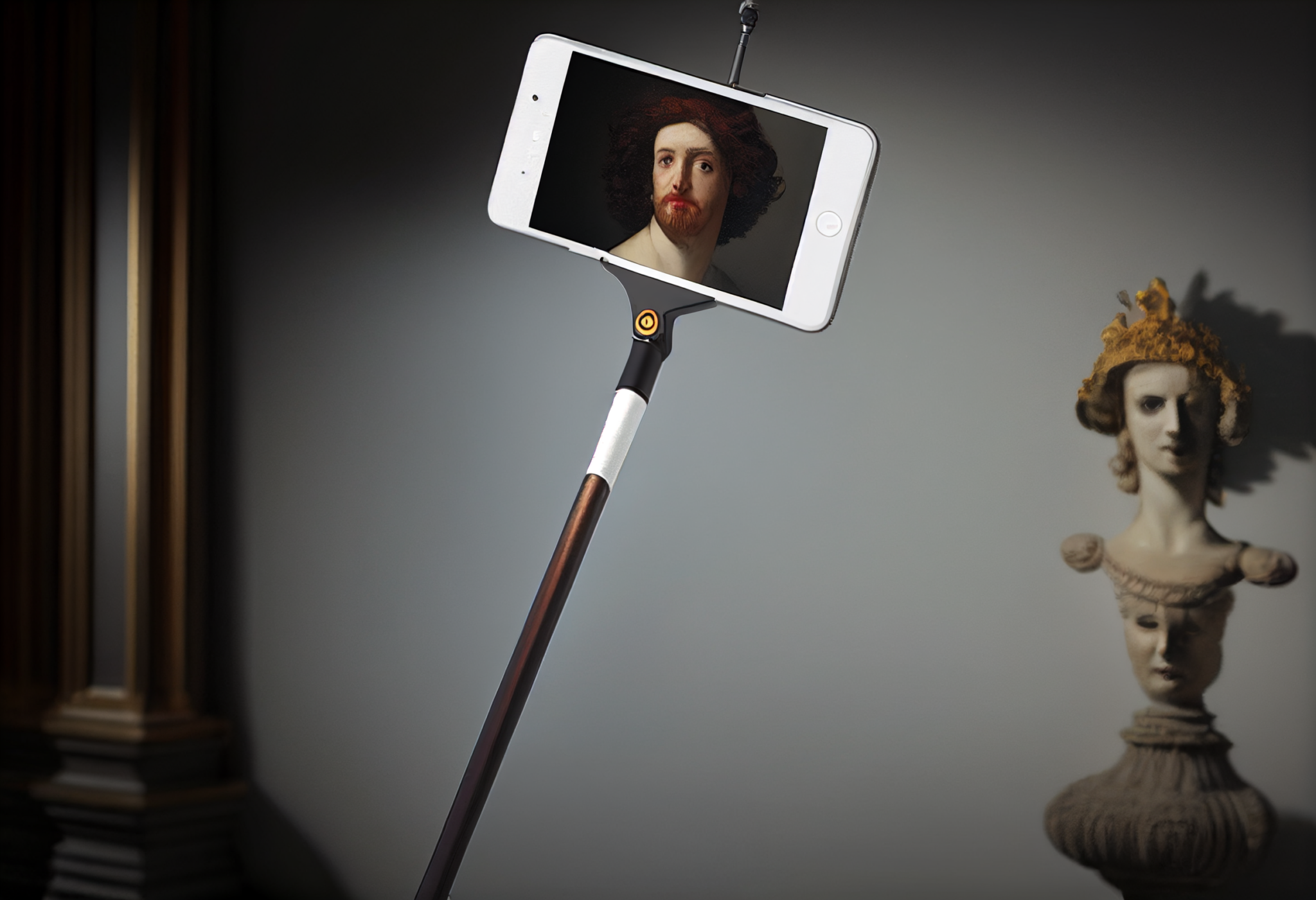 A photorealistic image of a selfie stick positioned like a fine art object. 