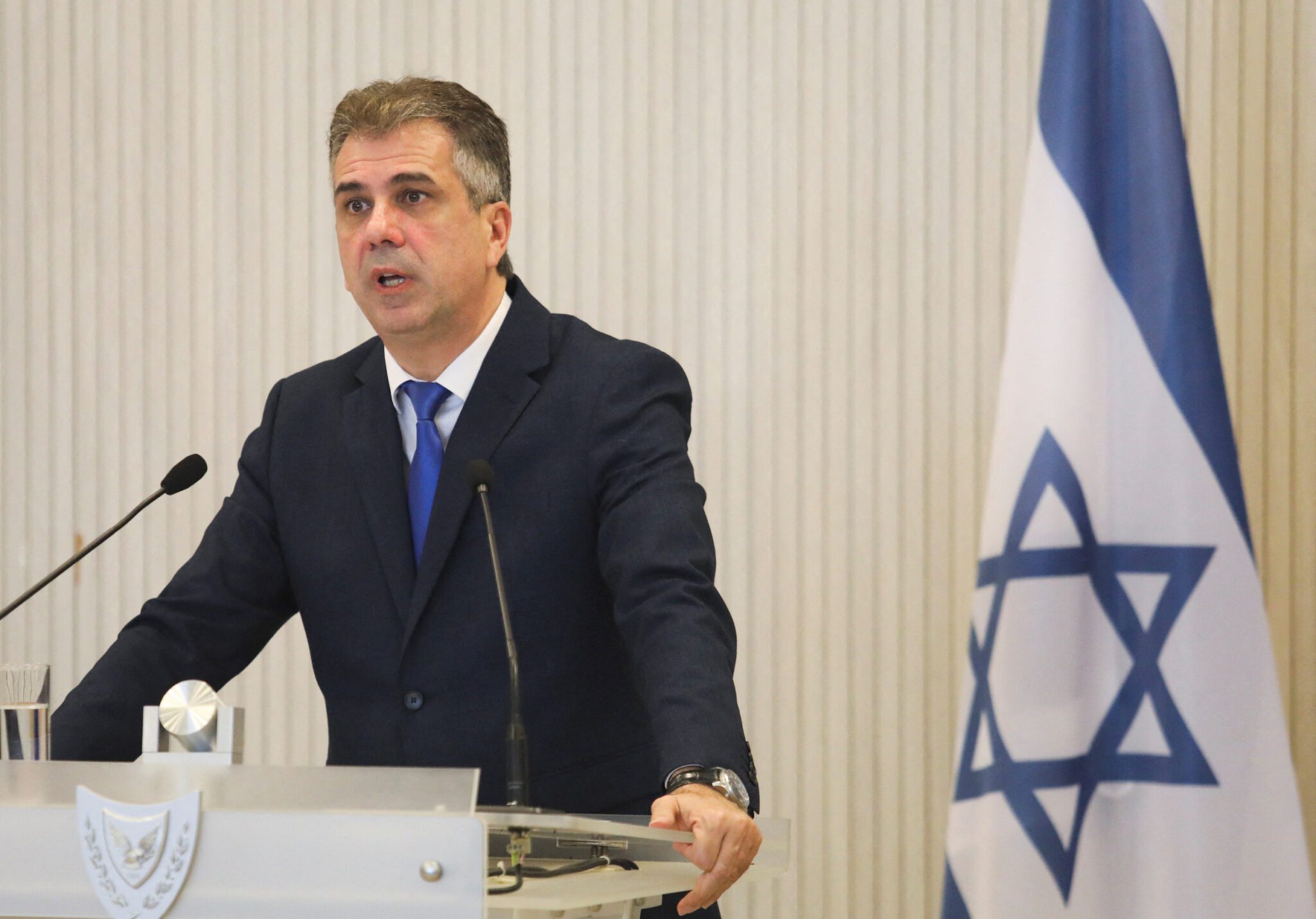  Israeli Foreign Minister Eli Cohen talks at a news conference with Cyprus-Foreign Minister Constantinos Kombos and Greek Foreign Minister Nikos Dendias at the Presidential-Pala