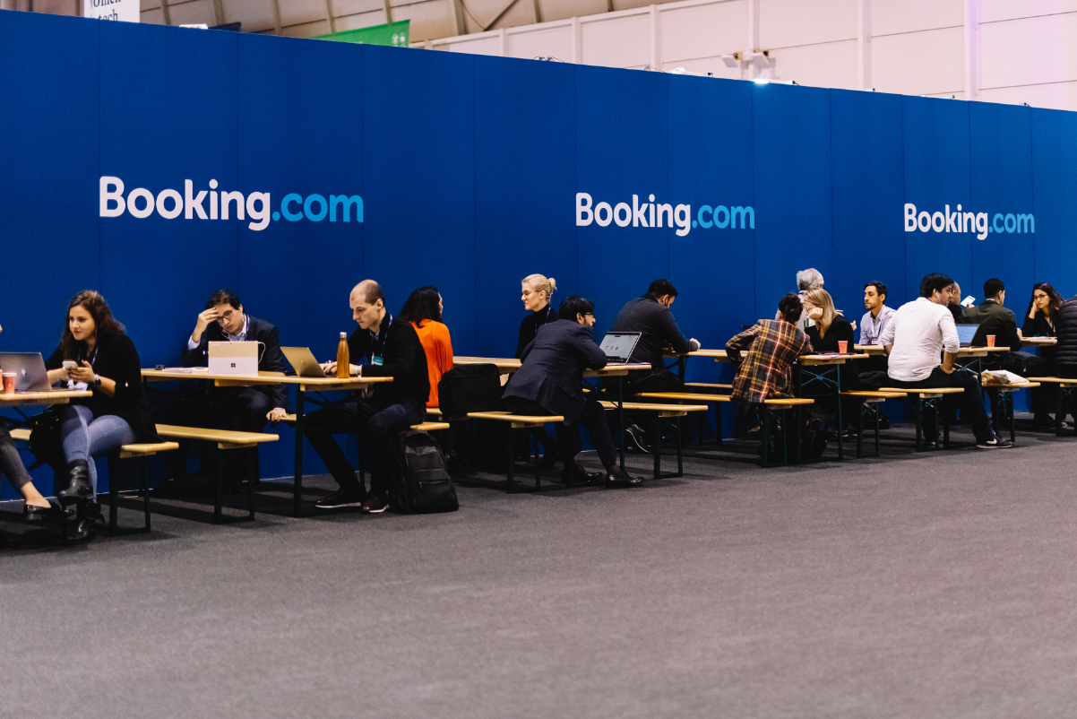 A Booking.com sponsored area in a pavilion at Web Summit 2019 in Lisbon, Portugal. 