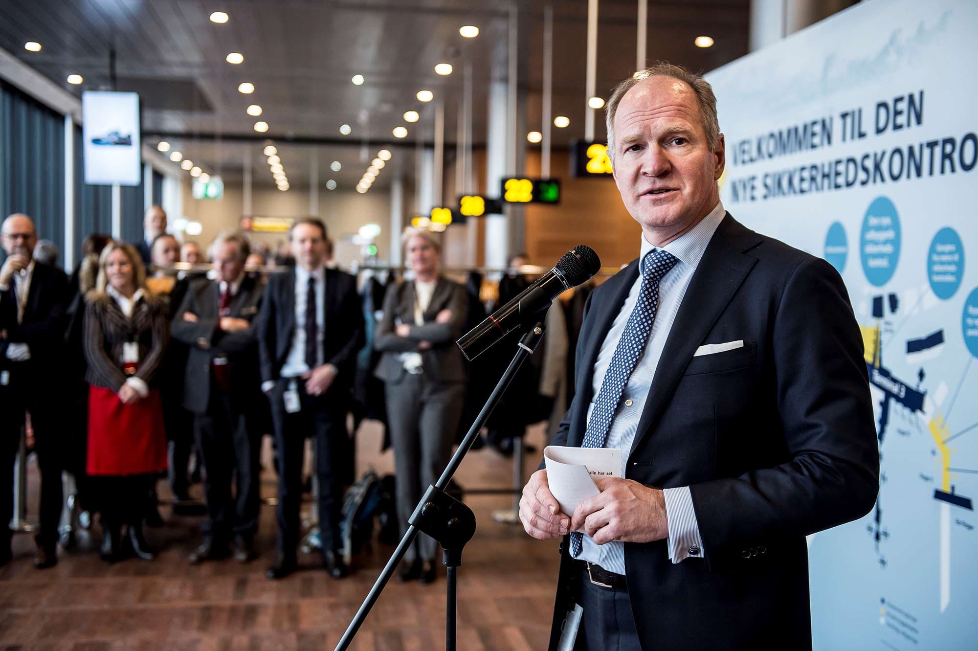 Incoming Heathrow CEO Thomas Woldbye speaks at the opening of a new extended security control at Copenhagen Airport. 