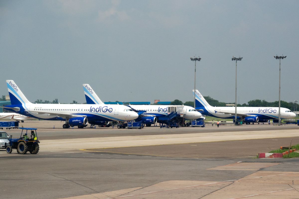Indigo airplanes on the tarmac.