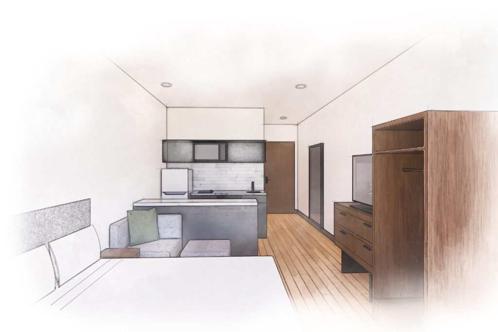 rendering of guest room at new hotel brand coming from marriott in the extended stay category