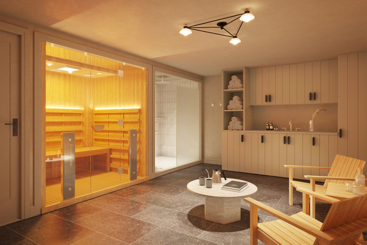 A rendering of a private sauna at The Longfellow boutique hotel in Portland, Maine. Photo by Leonardo R. Merlos. Source: Uncommon Hospitality.