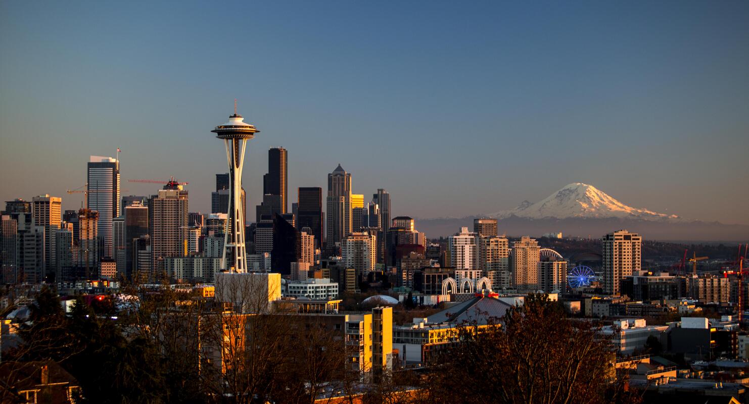 The Seattle skyline with the mountains in the background. 