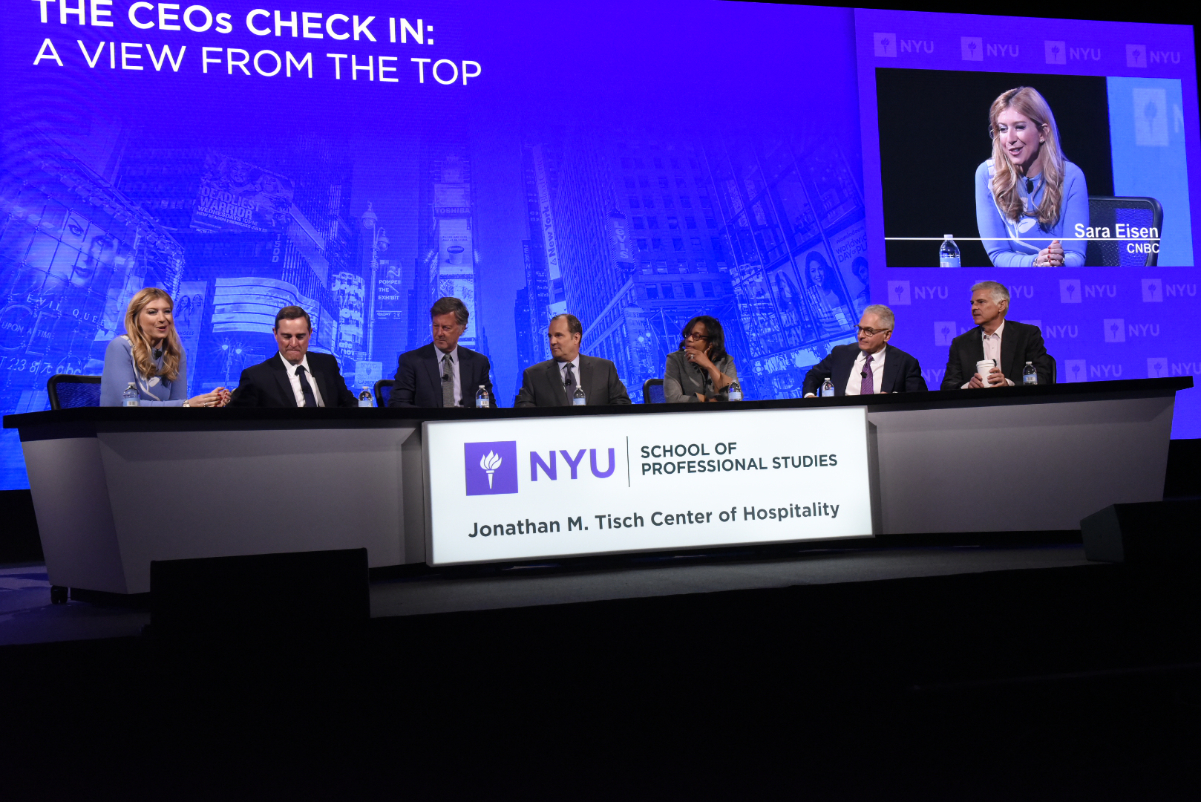 Mark Hoplamazian, president and CEO of Hyatt, gestures during a panel talk on June 5, 2023, at the New York University International Hospitality Industry Investment Conference. Source: Event organizers. 
