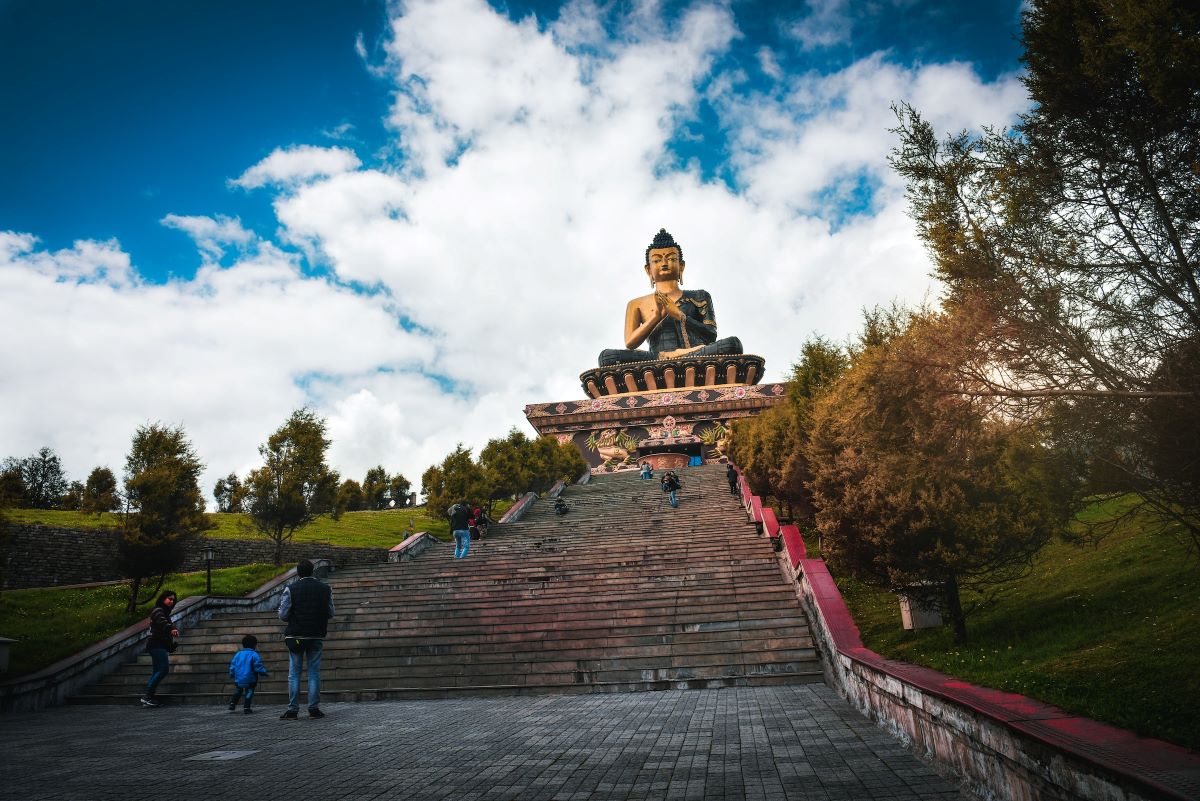 Tourists at the Buddha Park of Ravangla in Sikkim.