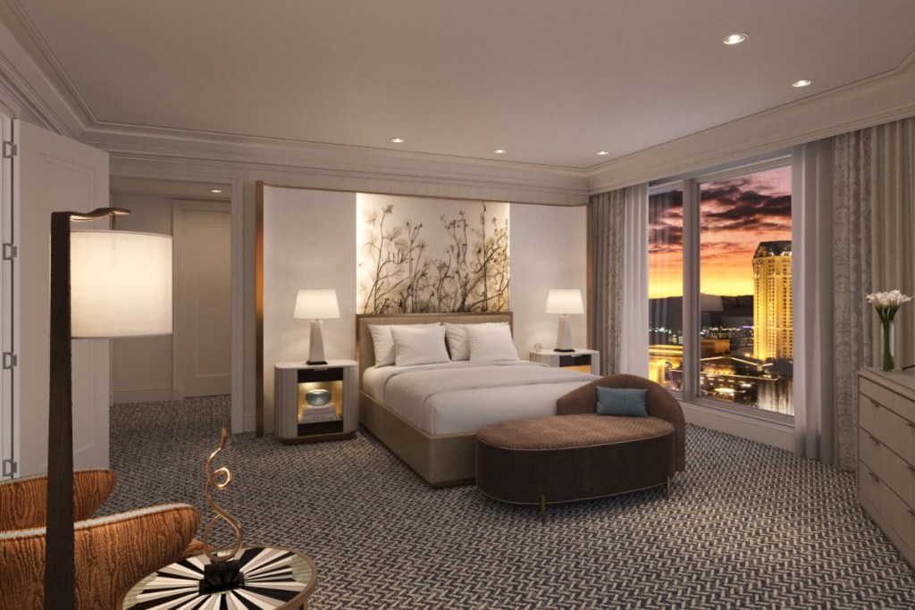 One-bedroom penthouse bedroom at the Bellagio Las Vegas.