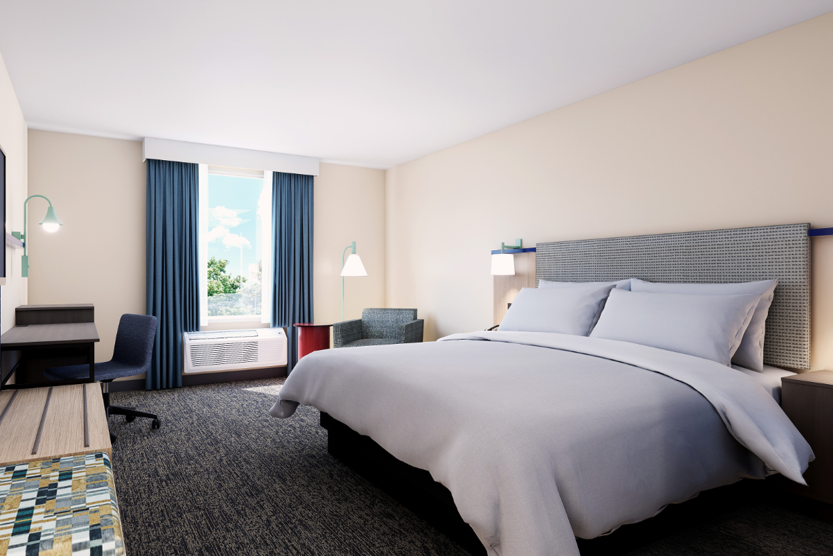 A guestroom with a king bed at Garner, the 19th hotel brand from IHG, revealed in August 2023. Source: IHG.