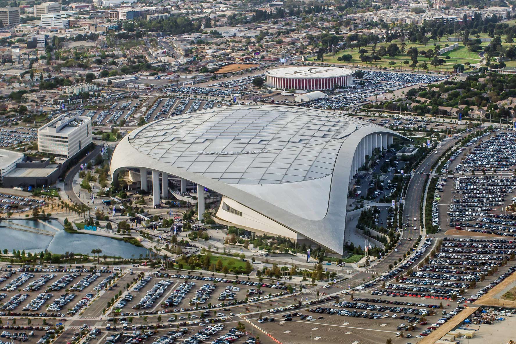 Aerial view of Sofi stadium in Los Angeles, California. 