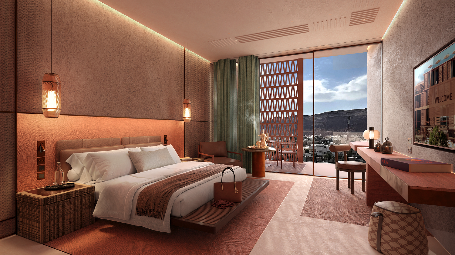 Rendering of a guestroom in the Autograph Collection Hotel AlUla