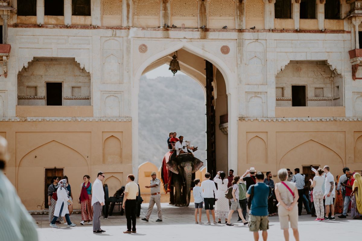Tourists at the Amer Fort in Jaipur.