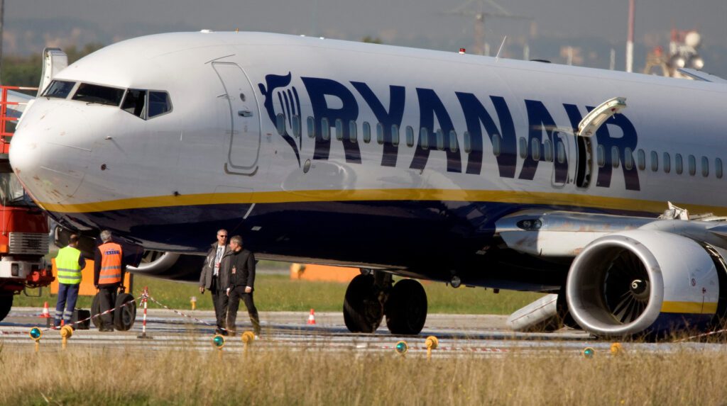 FILE PHOTO Ryanair jet lies on the runway with collapsed landing gear after an emergency landing at Ciampino airport in Rome
