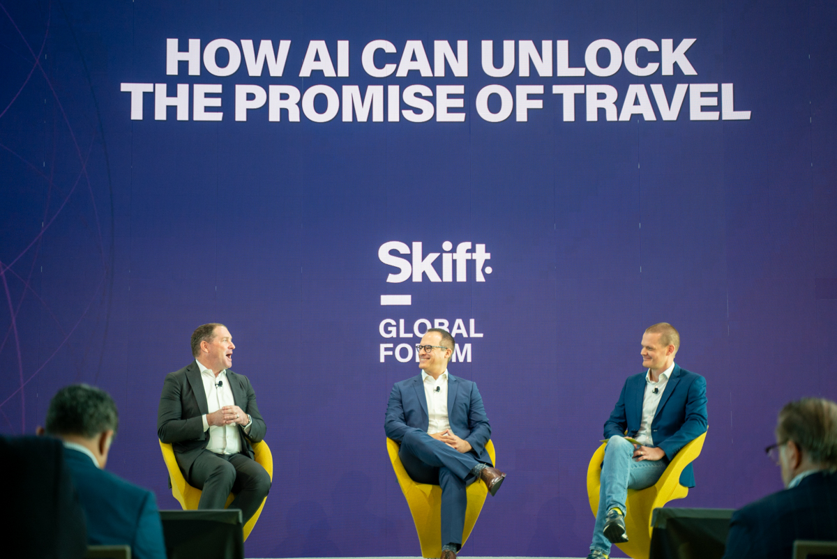 Eric Phillips, Ben Ellencweig and Wouter Geerts discussing AI at the Skift Global Forum in 2023