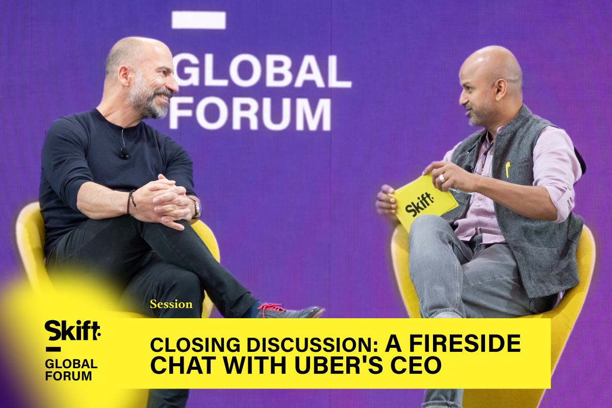 Uber CEO Dara Khosrowshahi and Skift CEO Rafat Ali at Skift Global Forum 2023 in New York City. Source: Skift