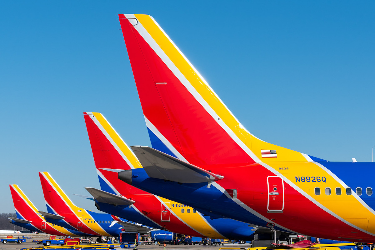 Southwest planes lined up in Pittsburgh.