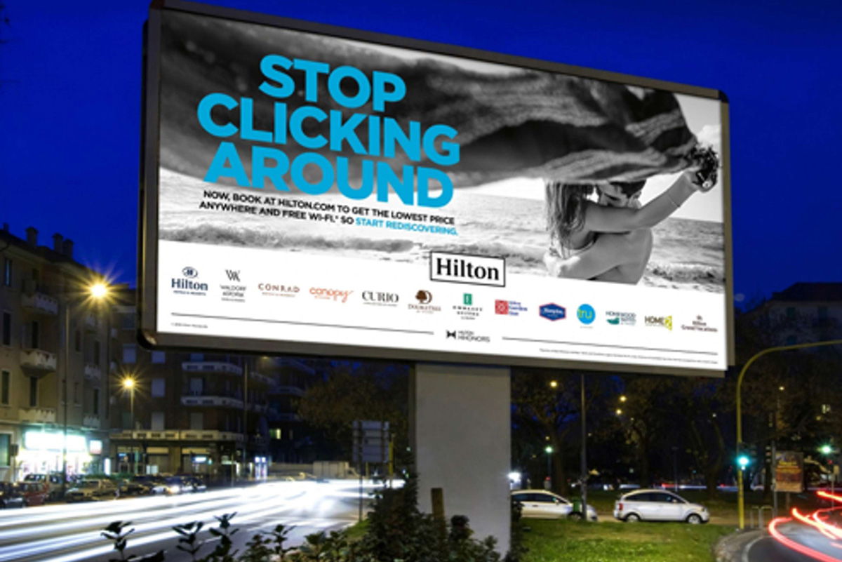 To undercut the notion that online travel agents offer the best room rates, Hilton ran a global campaign, starting in 2016, called “Stop Clicking Around," that was created by the agency The Dots. Source: The Dots.