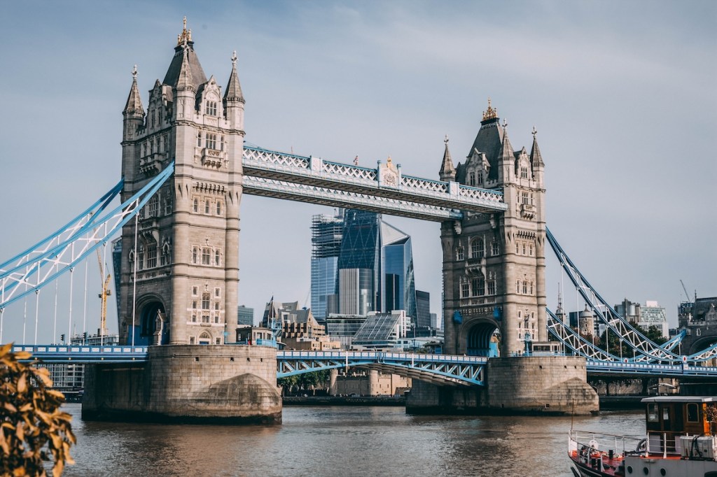 view of London's Tower Bridge from the water