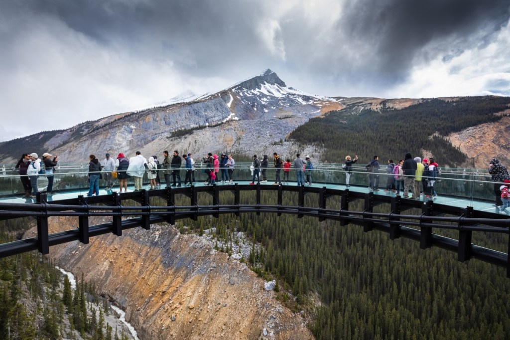 People walking across a bridge during a Columbia Ice Tour.