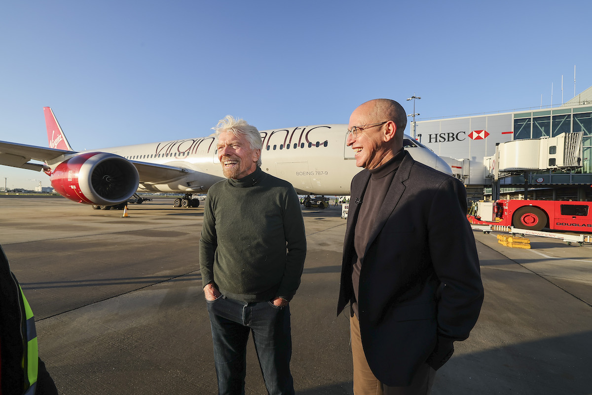 Richard Branson (left) and Virgin Atlantic CEO Shai Weiss (right) at Heathrow airport ahead of the airline's all sustainable aviation fuel-powered flight to New York. (Virgin Atlantic)