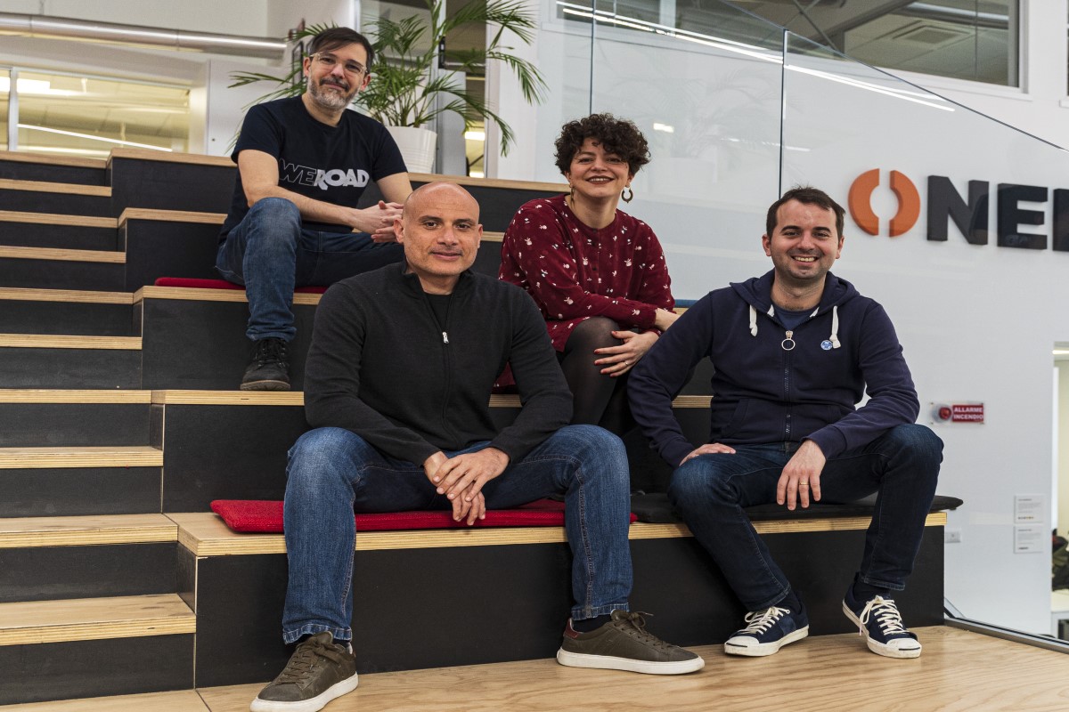 Back row (left to right): Fabio Bin, Co-founder and Chief Marketing Officer, WeRoad, Erika De Santi, Co-founder and International Expansion Director, WeRoad. Front row (left to right): Andrea D'Amico, CEO, WeRoad, Paolo De Nadai, co-founder, WeRoad .