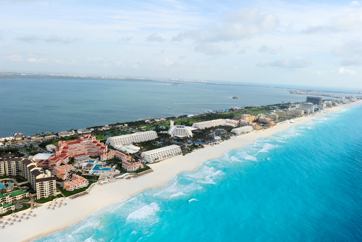 An aerial shot of Cancún's beachfront. Source: Consejo de Promoción Turística de Quintana Roo.
