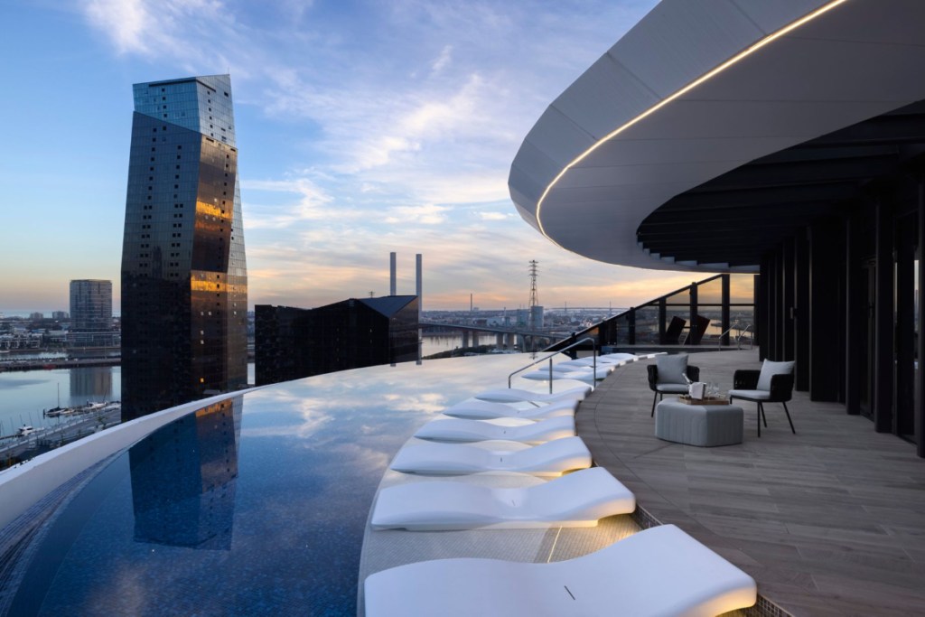 An infinity swimming pool is on the rooftop of the five-star Melbourne Marriott Hotel Docklands in Melbourne, Australia