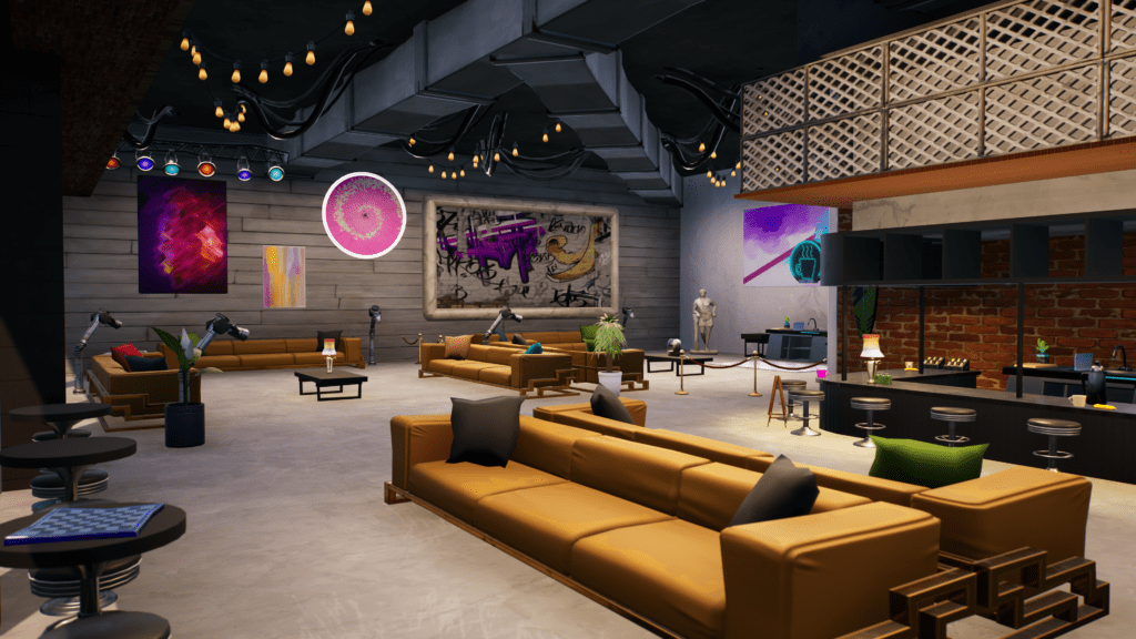 A representation of a Moxy hotel lobby in Fornite