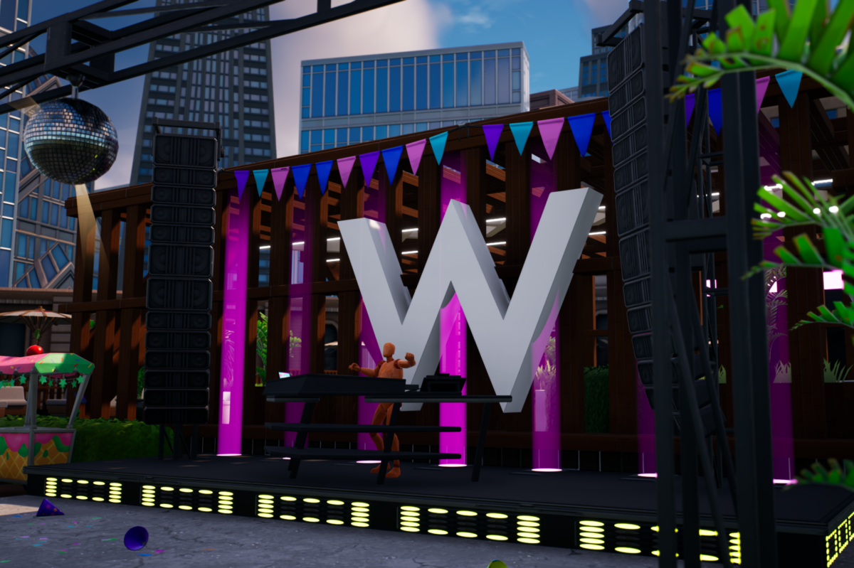 The W Hotel game in Fornite leads them to a rooftop pool and bar, where the avatars can dance to music from a DJ.