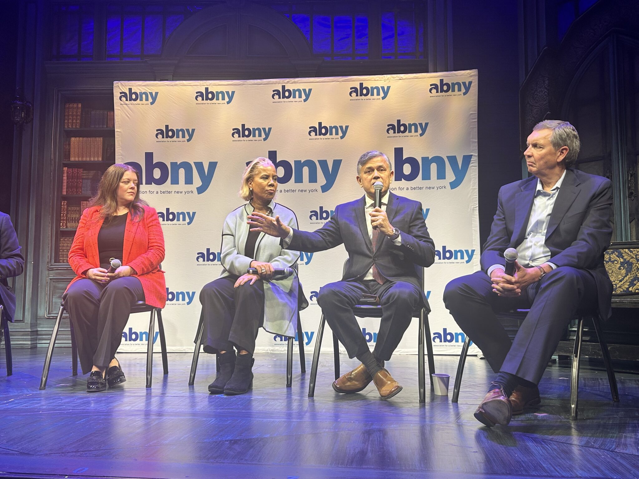 Allison French, senior director of Broadway Inbound; Leecia Eve, member of board of Commissioners of the Port Authority of New York and New Jersey; Vijay Dandapani, CEO and president of the Hotel Association of New York City ; Peter van Berkel, chairman for the International Inbound Travel Association