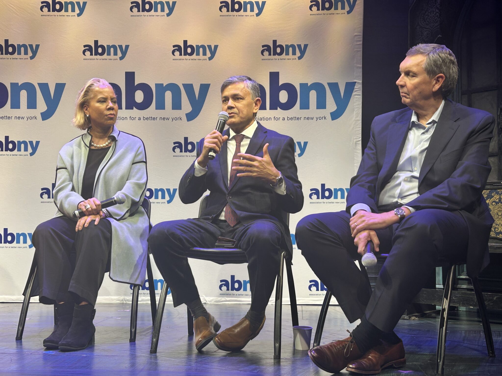  Vijay Dandapani, CEO and president of the Hotel Association of New York City (center); Peter van Berkel, chairman for the International Inbound Travel Association (right); Leecia Eve, member of board of Commissioners of the Port Authority of New York and New Jersey (left)